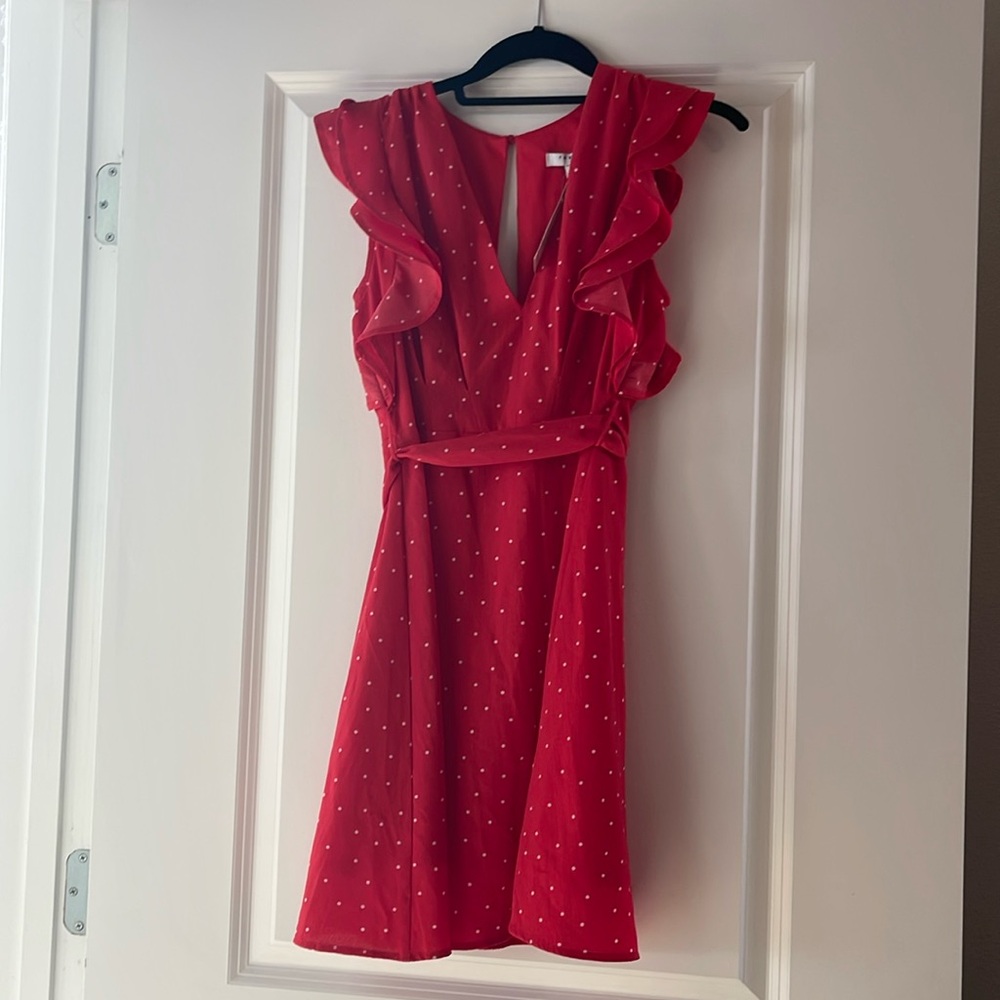 Size small papaya, red polkadot dress with tags
